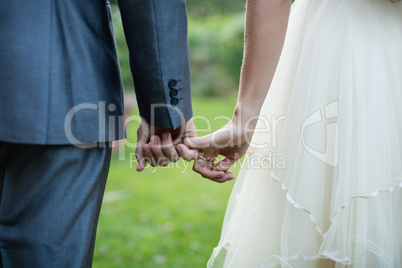 Wedding couple holding hands in garden