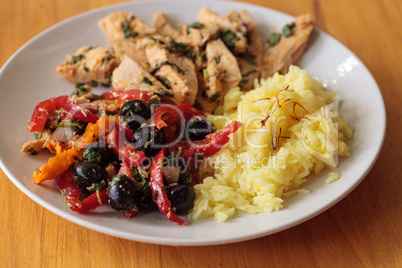 Spicy Chicken Diablo with cilantro, olives, peppers, garlic and