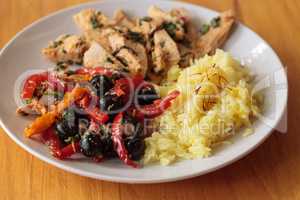 Spicy Chicken Diablo with cilantro, olives, peppers, garlic and