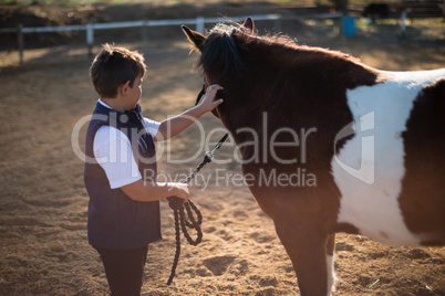 Rider boy caressing a horse in the ranch