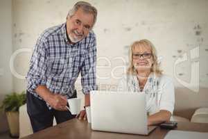 Senior couple using laptop at home