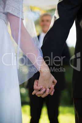 Mid section of couple holding hands