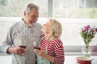 Smiling senior couple holding wine glass in kitchen