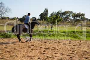 Male jockey riding a horse in the ranch