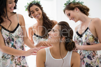 Smiling woman interacting with each other