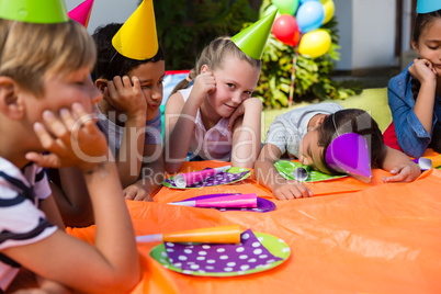 Portrait of girl with tired friends