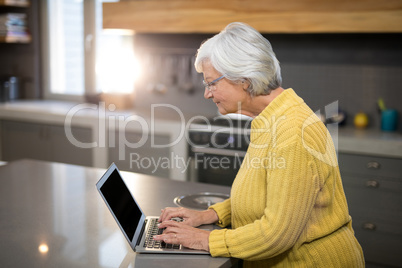 Senior woman using laptop in the kitchen