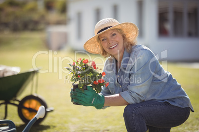 Smiling senior woman holding sapling plant in garden