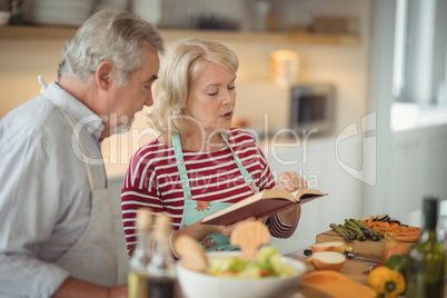 Senior couple reading recipe book while preparing meal