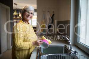 Senior woman washing dish in kitchen sink