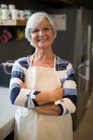 Senior woman in apron standing in the kitchen