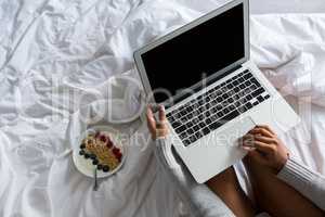 Cropped image of woman using laptop while resting on bed