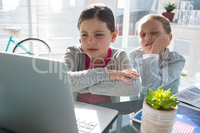 Female colleagues discussing over laptop at desk