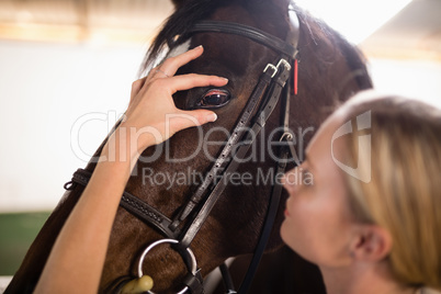 Close up of female vet checking horse eye