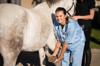 Portrait of female vet examining horse hoof
