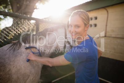 Young woman cleaning horse at barn