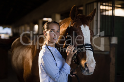 Female vet stroking horse at stable