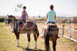 Female friends horseback riding on field