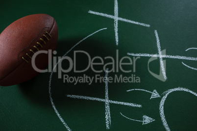 American football lying on green board with strategy drawn on it