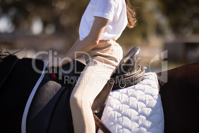 Mid section of girl sitting on horse