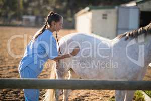 Side view of female vet examining horse with stethoscope