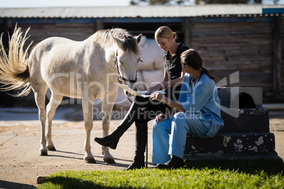Female jockey with vet using laptop while sitting by horse