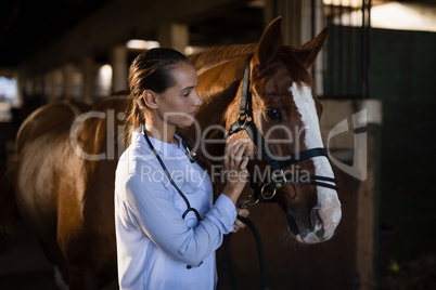 Confident female vet stroking horse