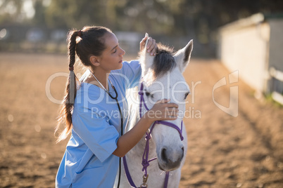 Side view of female vet checking horse ears