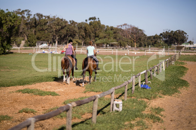 Female friends horseback riding at paddock
