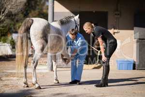 Female vet discussing with jockey while examining horse hoof