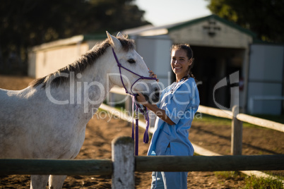 Portrait of happy vet stroking horse
