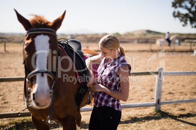 Young woman fastening saddle on horse