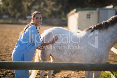 Female vet examining horse at barn