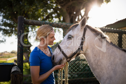 Smiling woman looking at horse at barn
