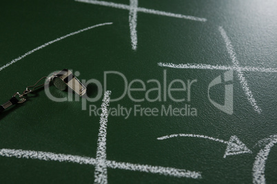 Referee whistle lying on green board with strategy drawn on it