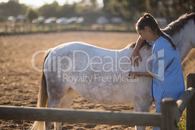 Female vet injecting horse at barn