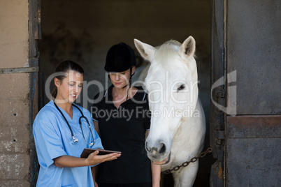 Vet showing digital tablet to jockey while standing by horse
