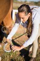 Female vet examining horse hoop at barn