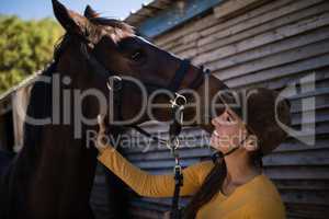 Happy female jockey stroking horse