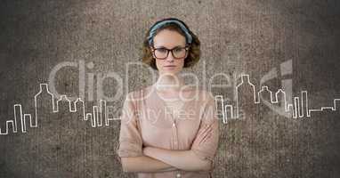 Business woman standing against grey wall background with city icons