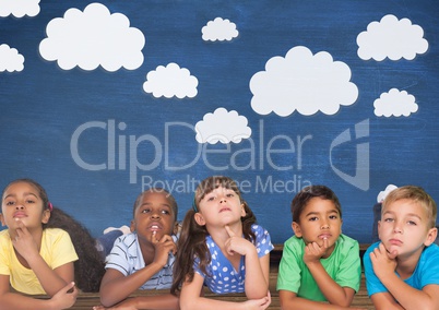 Kids thinking and blue wall with clouds