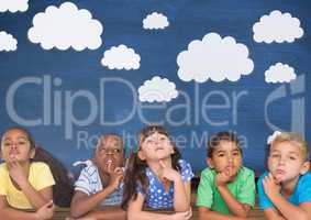 Kids thinking and blue wall with clouds