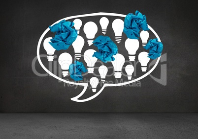 light bulbs in chat bubble with crumpled paper balls in front of blackboard