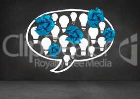 light bulbs in chat bubble with crumpled paper balls in front of blackboard