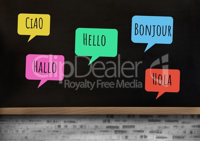 Hello in different languages chat bubbles learning with blackboard