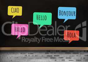 Hello in different languages chat bubbles learning with blackboard