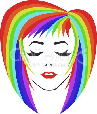 Girl with closed eyes and spectrum color hair