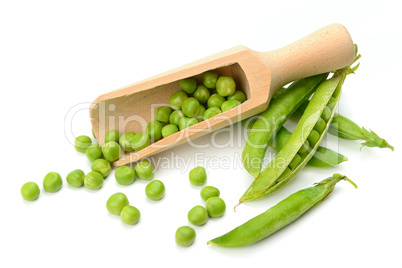 Green peas pods isolated on white