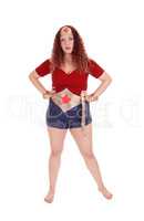 Woman standing in super woman outfit.