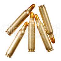 Rifle bullets on a white background.
